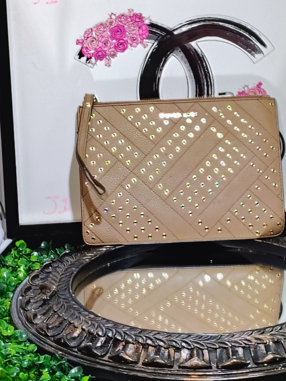 Studded Tan Women's Crossbody Clutch